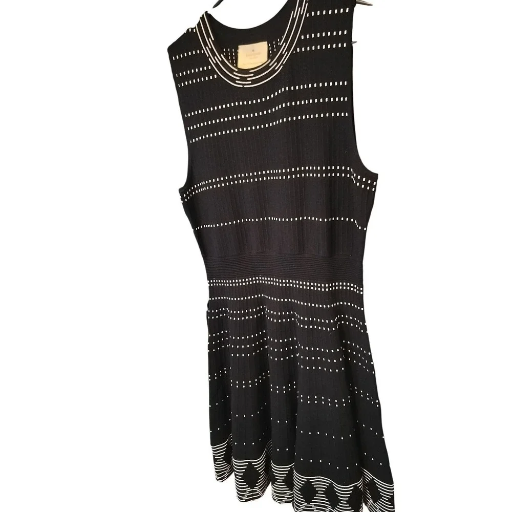 Kate Spade New York Black Knit Fit Flare Dress with White Dot Stripe Size Medium